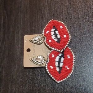 Beaded Red Lip Earrings with Crystal Accents